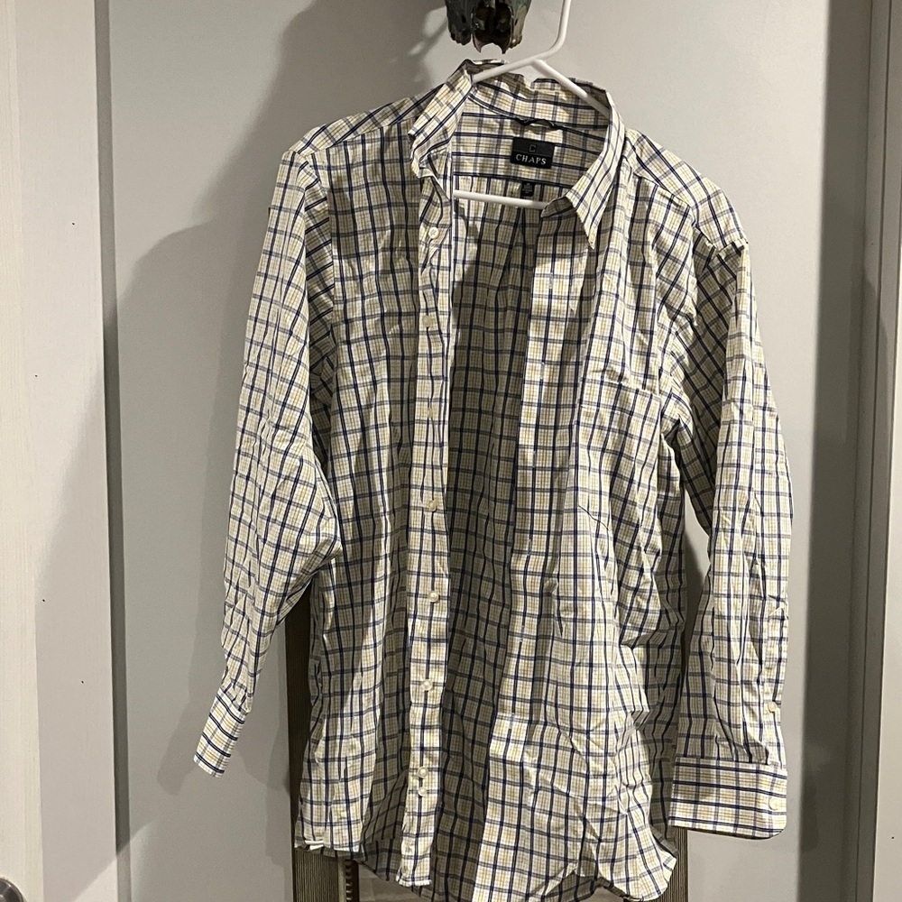 Chaps Men's Cream and Blue Plaid Shirt
